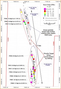 Rock chip samples and drill hole locations at the Fiery Creek Prospect